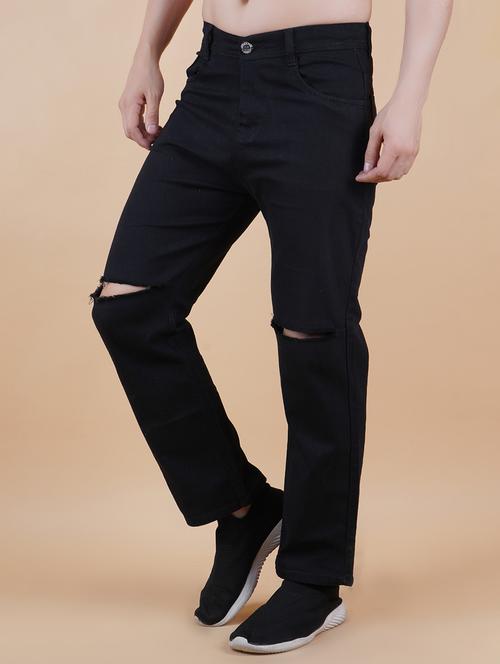 men black slash knee mid rise relaxed fit jeans - 22012421 -  Standard Image - 0