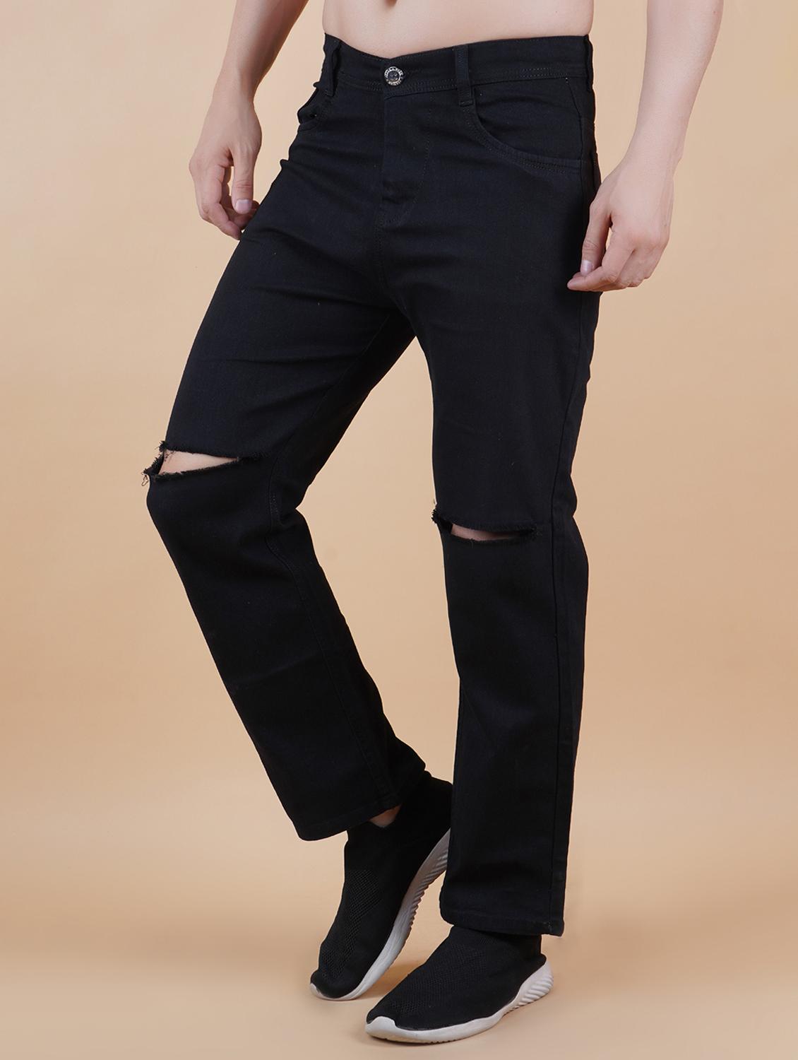 men black slash knee mid rise relaxed fit jeans - 22012421 -  Zoom Image - 0