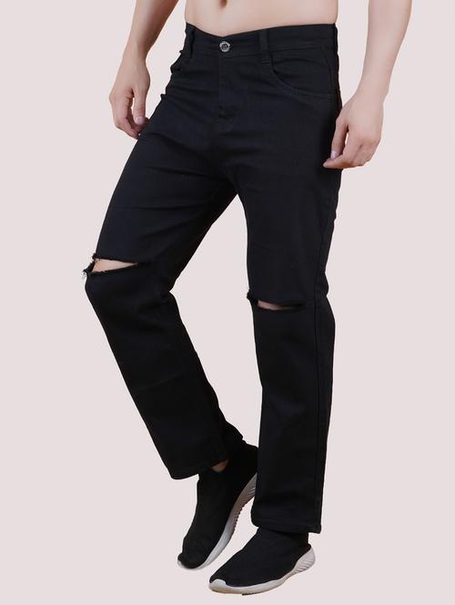 men black slash knee mid rise relaxed fit jeans - 22012424 - Standard Image - 0