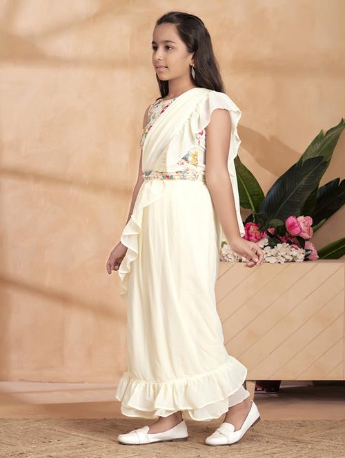 girls crem solid ruffle redy to wear saree - 22012429 - Standard Image - 0