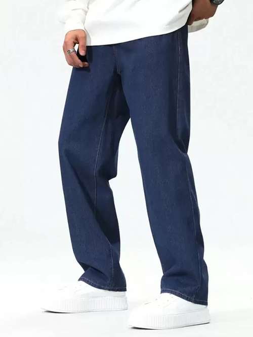 men blue plain mid rise baggy jeans - 22012436 -  Standard Image - 0