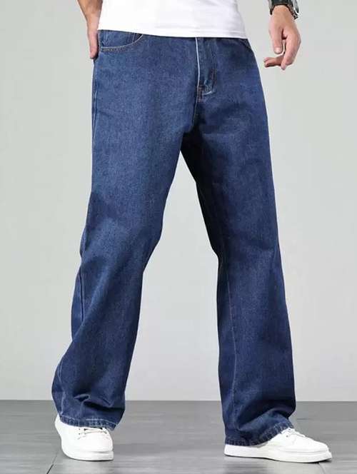 men blue plain mid rise baggy jeans - 22012453 - Standard Image - 0