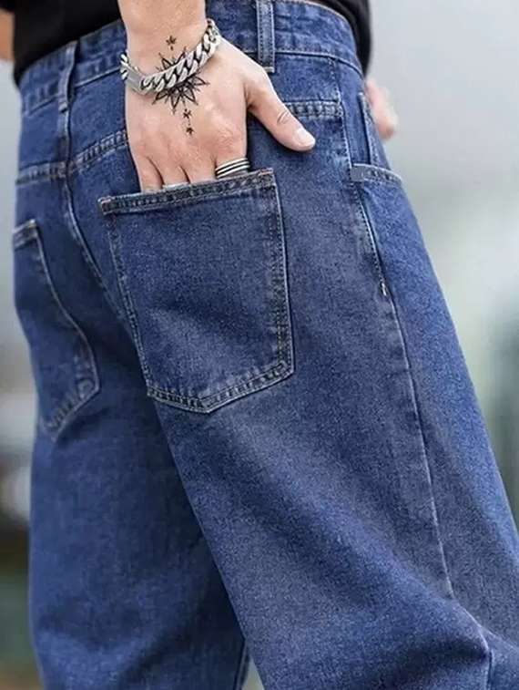 men blue plain mid rise baggy jeans - 22012455 -  Standard Image - 3