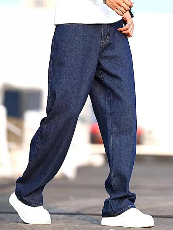 men blue plain mid rise baggy jeans