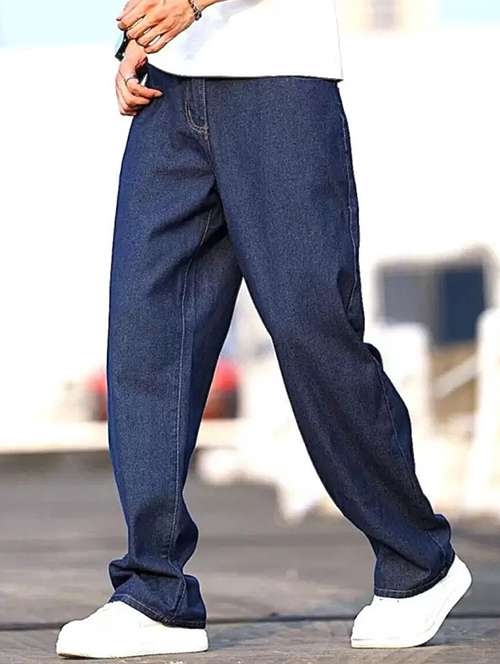 men blue plain mid rise baggy jeans - 22012461 -  Standard Image - 0