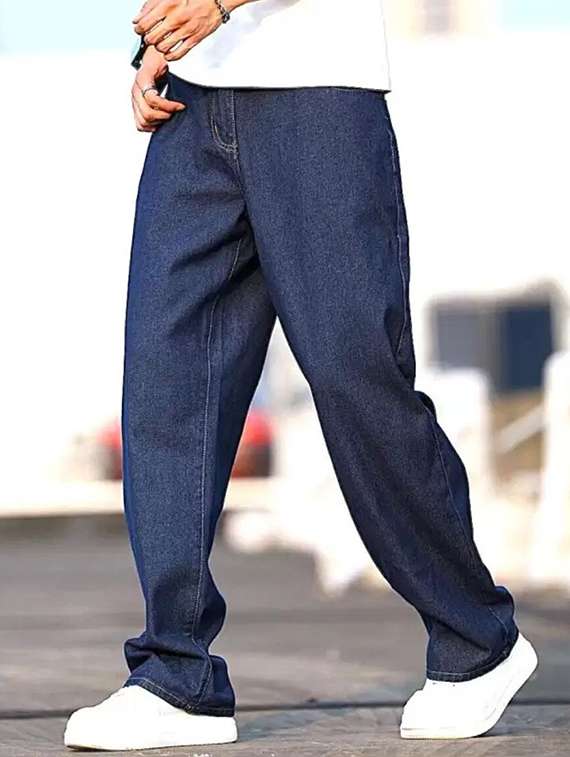 men blue plain mid rise baggy jeans - 22012461 -  Zoom Image - 0