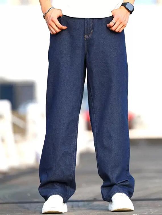 men blue plain mid rise baggy jeans