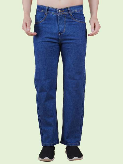 men blue plain mid rise straight fit jeans - 22012478 - Standard Image - 0