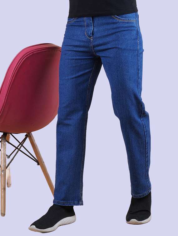 men blue plain mid rise straight fit jeans