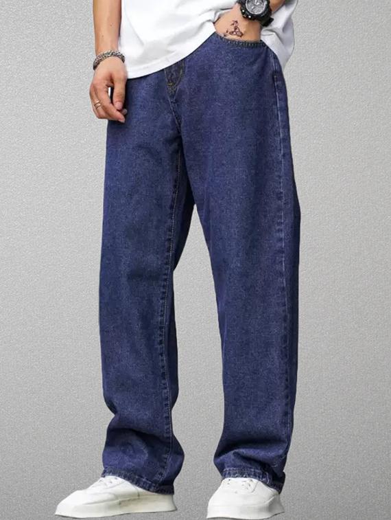 men blue plain mid rise baggy jeans