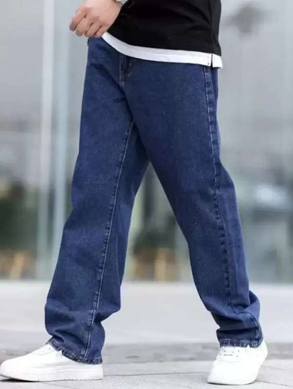 men blue plain mid rise baggy jeans