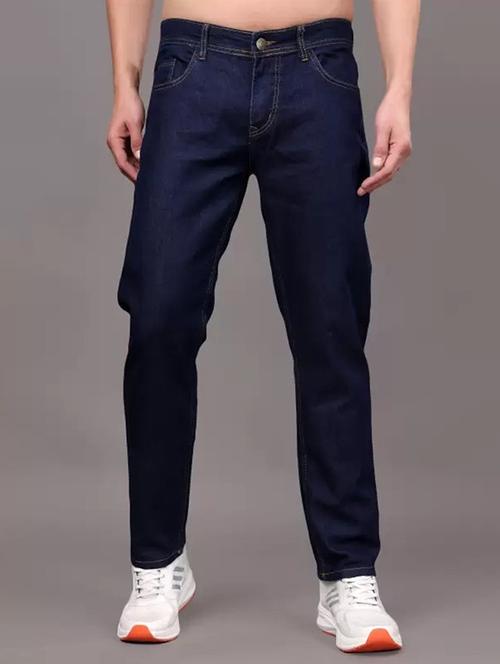 men navy blue plain mid rise straight fit jeans - 22012540 - Standard Image - 0
