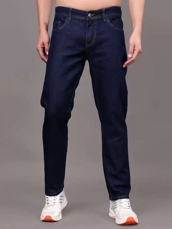 men navy blue plain mid rise straight fit jeans - 22012540 - Zoom Image - 0