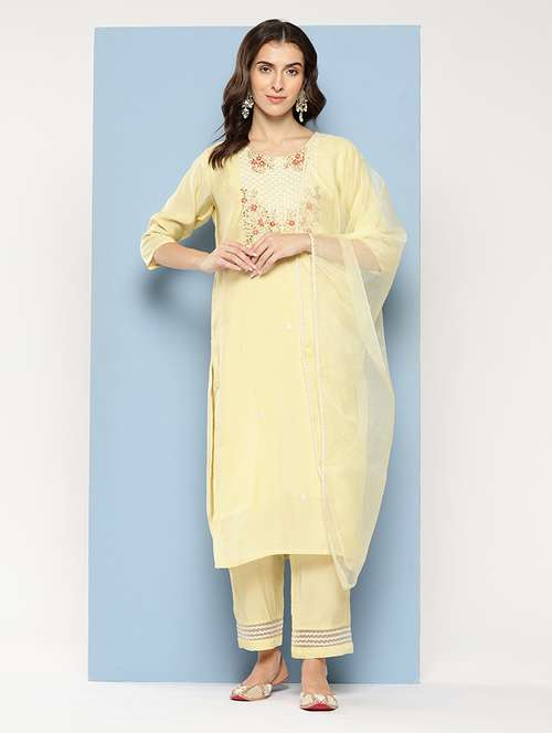 women embroidered three quarter sleeve kurta pant with dupatta set - 22012617 -  Standard Image - 0