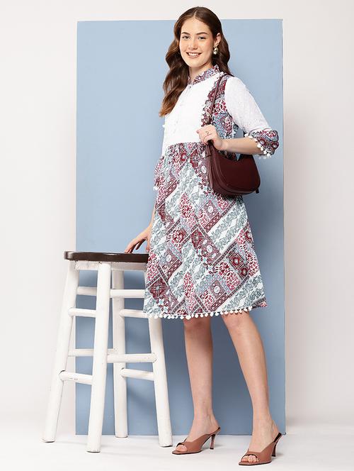 abstract print mandarin neck fit & flare dress - 22012626 - Standard Image - 0