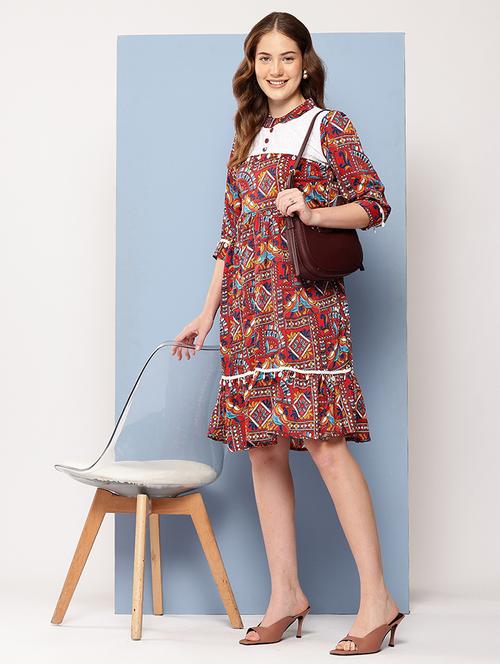 women printed mandarin neck tiered dress - 22012628 - Standard Image - 0