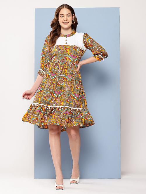 women printed mandarin neck tiered dress - 22012629 -  Standard Image - 0