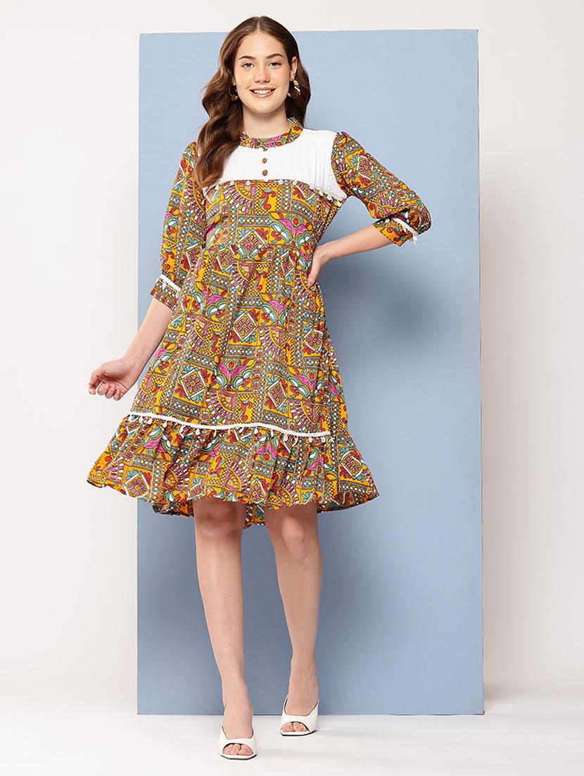 women printed mandarin neck tiered dress - 22012629 -  Zoom Image - 0