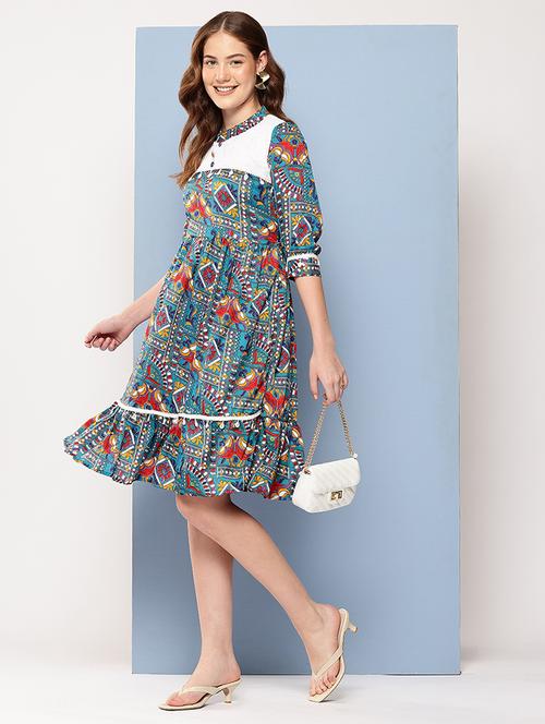 women printed mandarin neck tiered dress - 22012630 -  Standard Image - 0