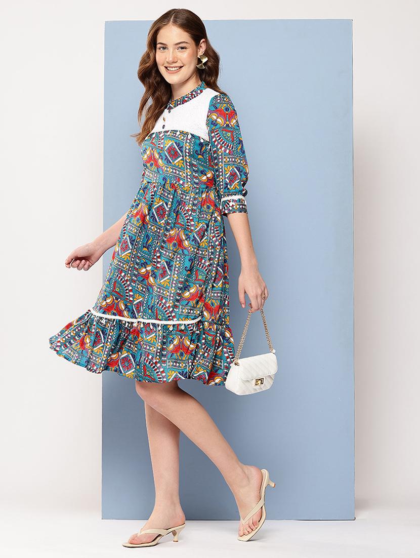women printed mandarin neck tiered dress - 22012630 -  Zoom Image - 0