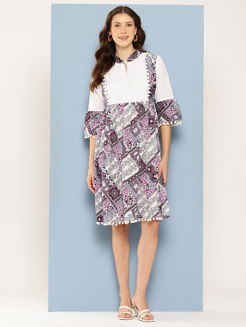 women printed mandarin neck a-line dress - 22012632 - Standard Image - 3
