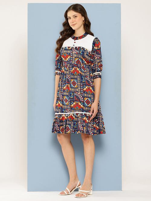 women printed mandarin neck tiered dress - 22012633 -  Standard Image - 0