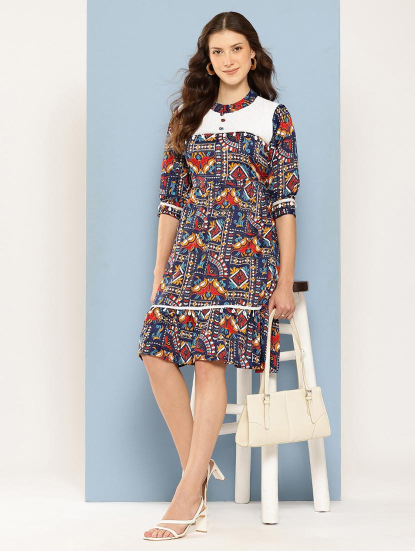 women printed mandarin neck tiered dress - 22012633 - Standard Image - 3