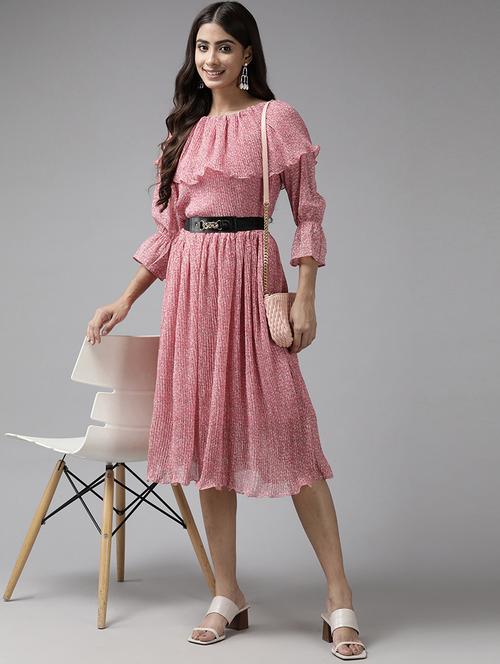 women printed  three quarter sleeve fit & flare dress - 22012634 -  Standard Image - 0
