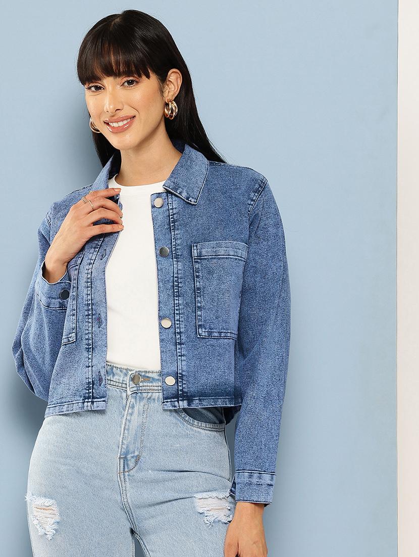 women solid long sleeve denim jacket