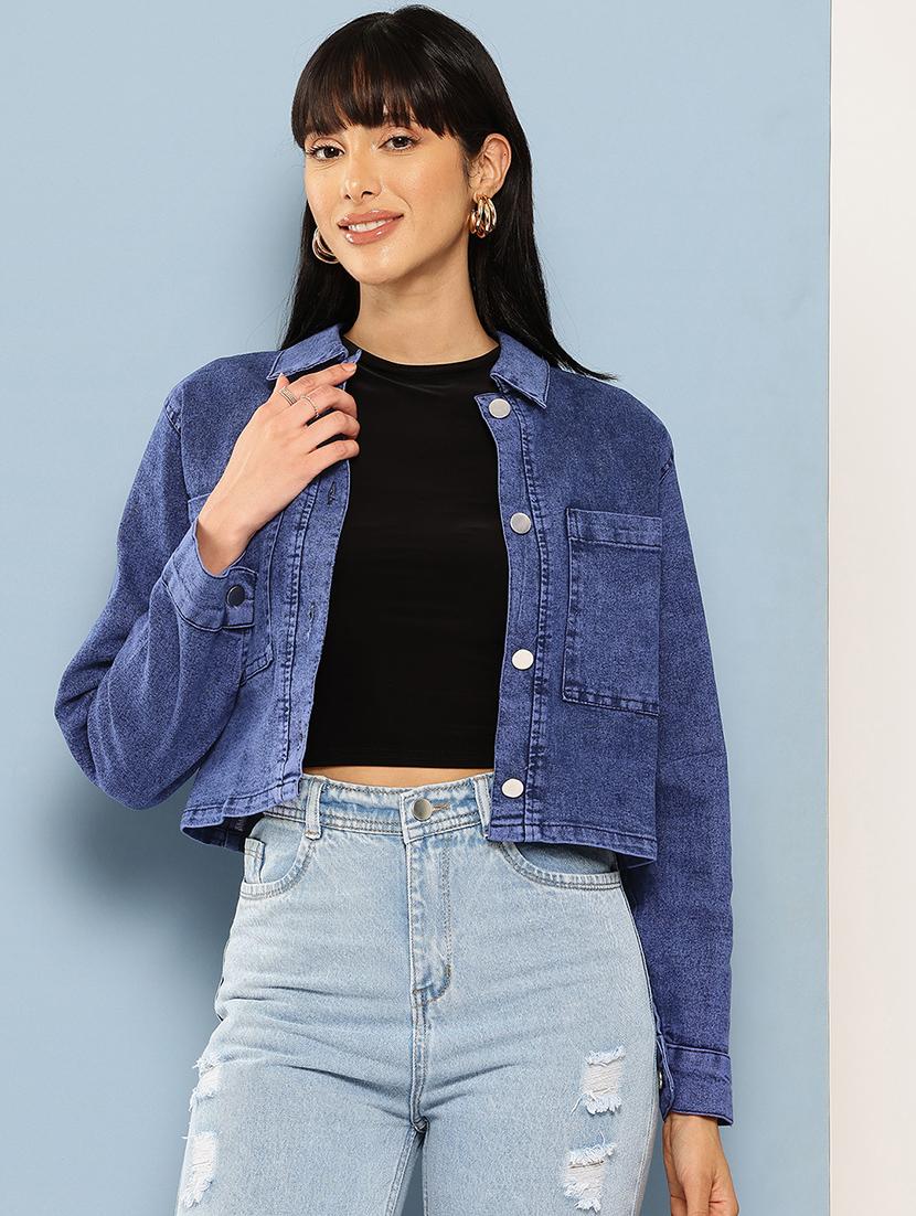 women solid long sleeve denim jacket