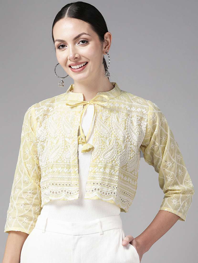 women solid with work three quarter sleeve ethnic jacket