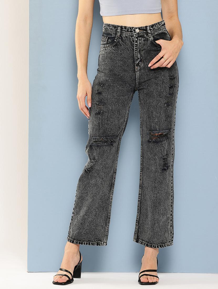 women distressed high rise straight fit jean