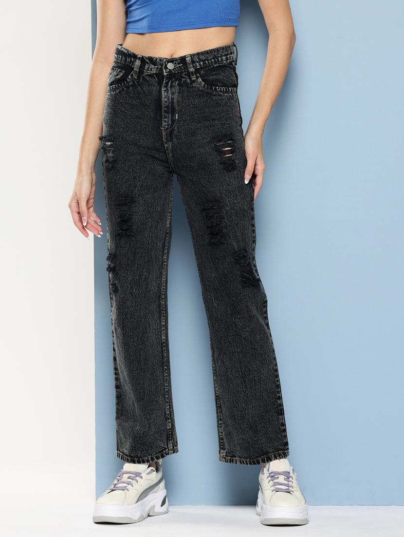 women distressed high rise straight fit jean