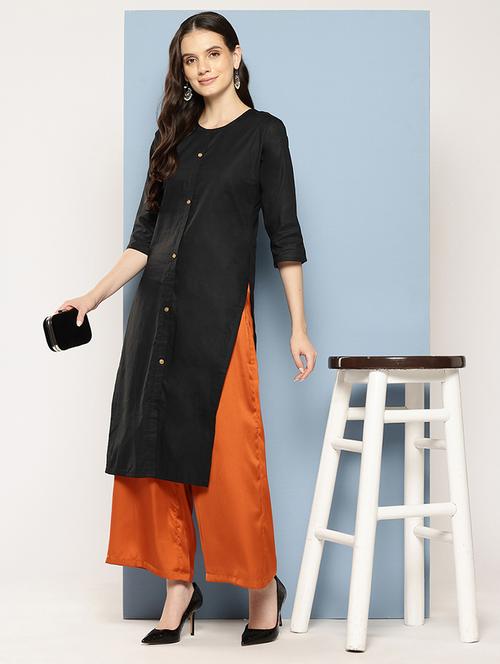 women solid three quarter sleeve straight kurta - 22012657 - Standard Image - 0