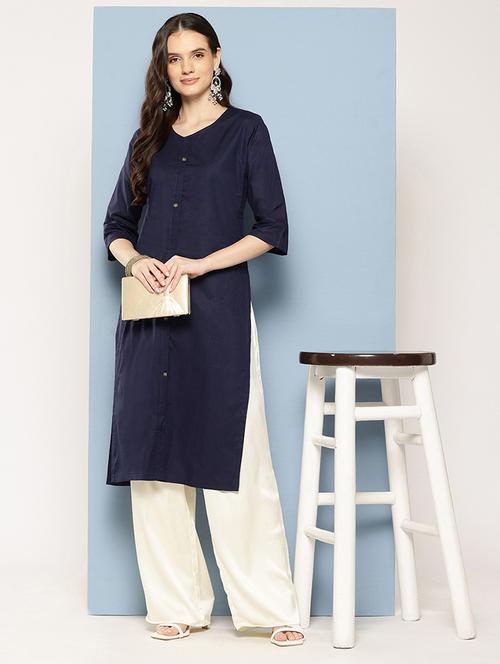 women solid three quarter sleeve straight kurta - 22012659 - Standard Image - 0