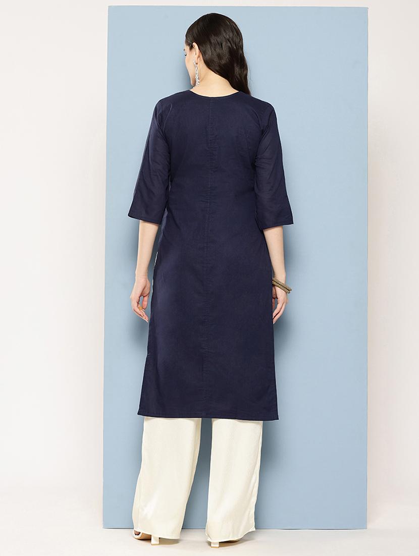 women solid three quarter sleeve straight kurta - 22012659 - Standard Image - 3