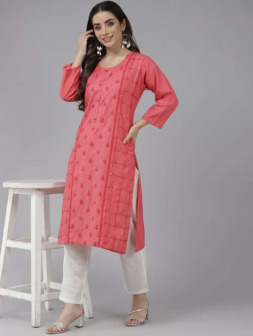 women embroidered three quarter sleeve a-line kurta - 22012660 - Standard Image - 0