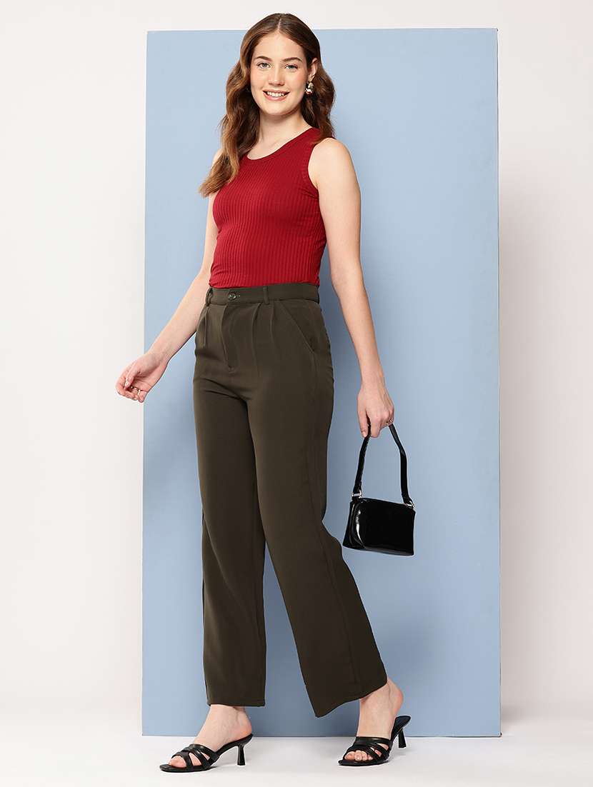 women solid mid rise straight trouser - 22012685 -  Standard Image - 3