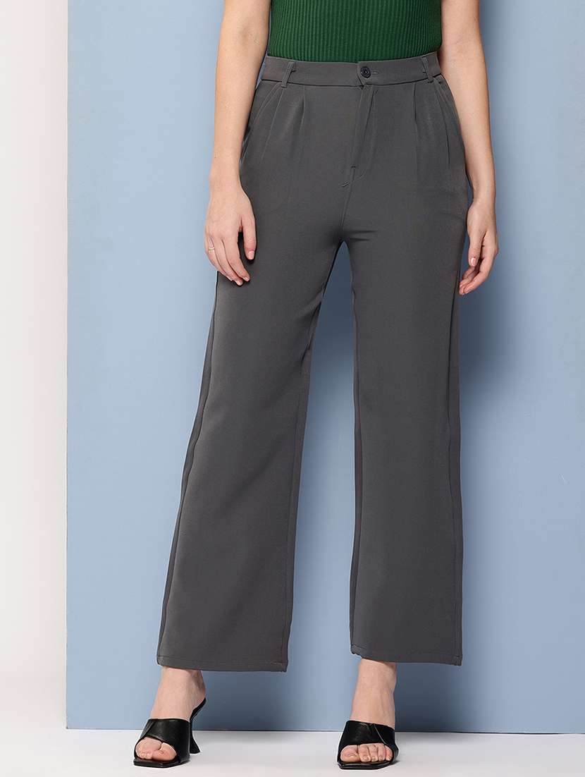 women solid mid rise straight trouser