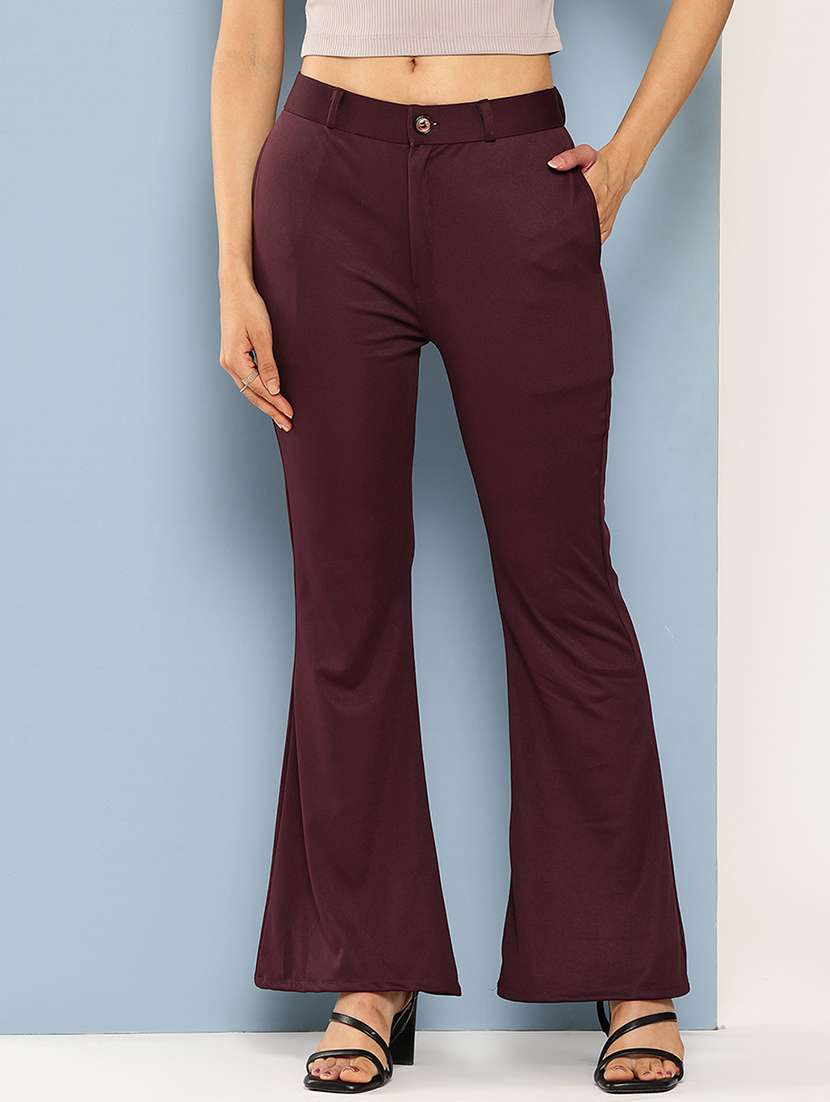 maroon crepe flared casual trousers - 22012693 -  Zoom Image - 0