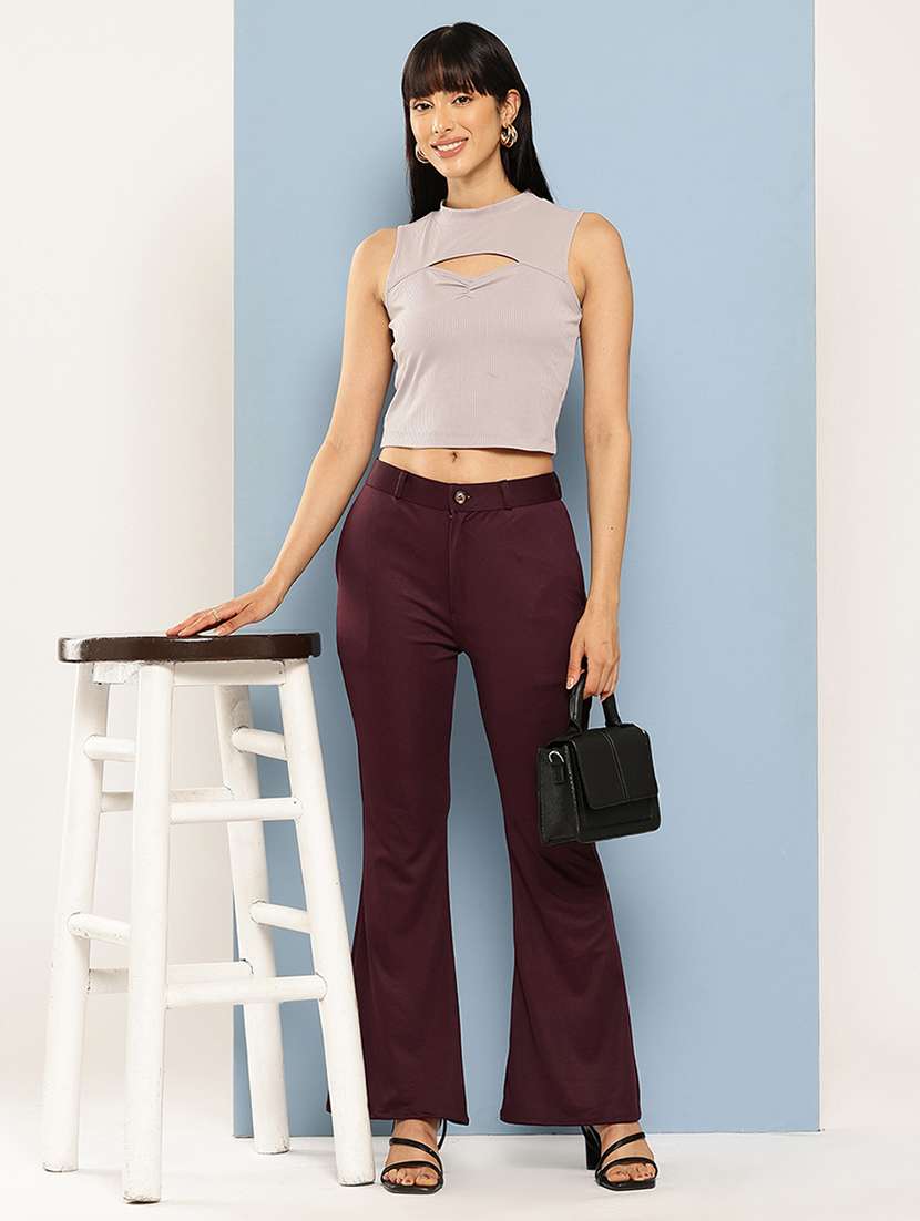 maroon crepe flared casual trousers - 22012693 -  Standard Image - 3