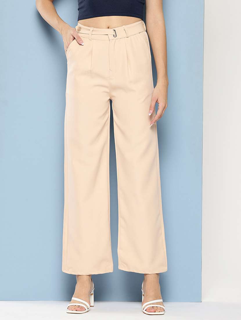 women solid mid rise straight trouser