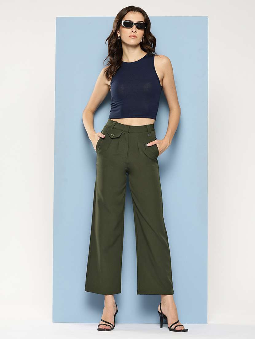 women solid high rise straight trouser - 22012704 -  Standard Image - 3