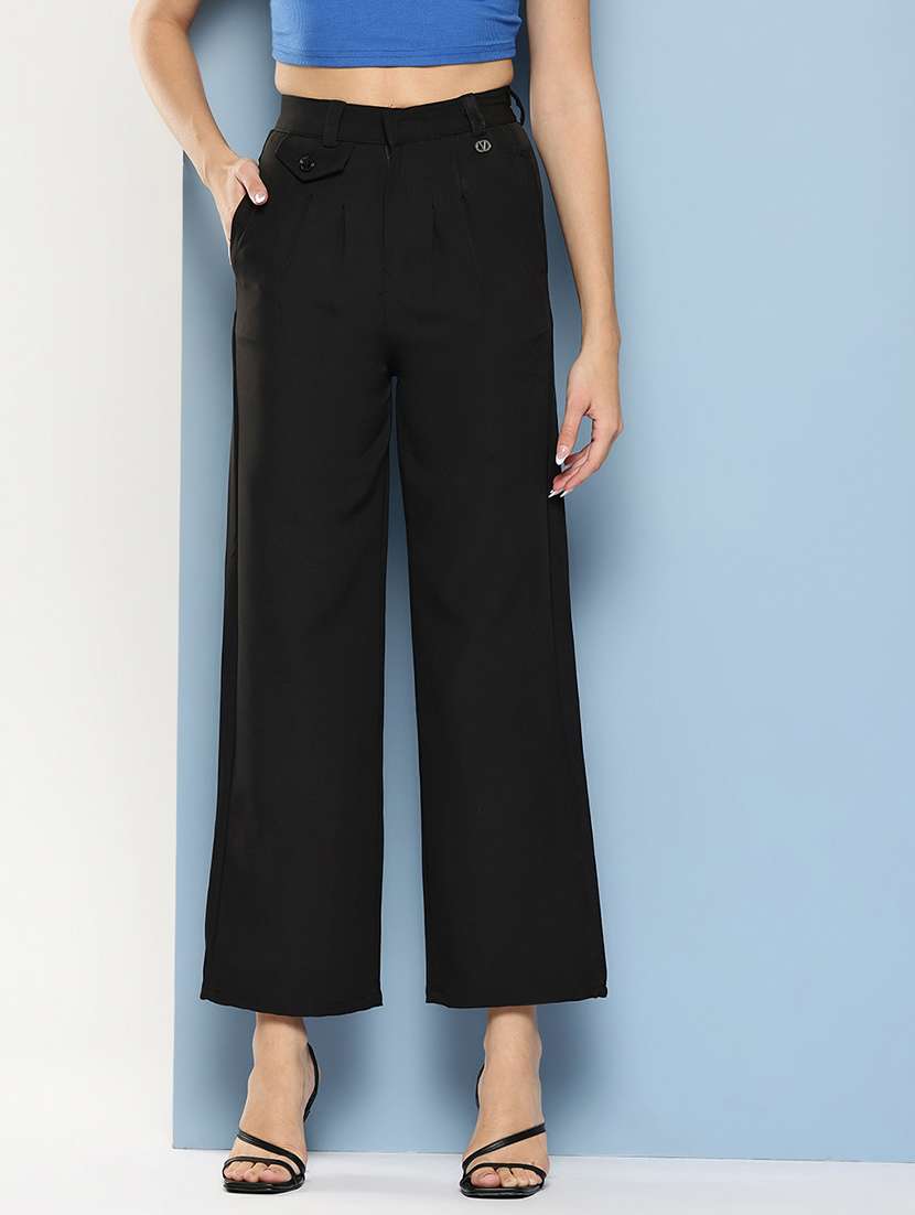 black solid high rise straight trouser