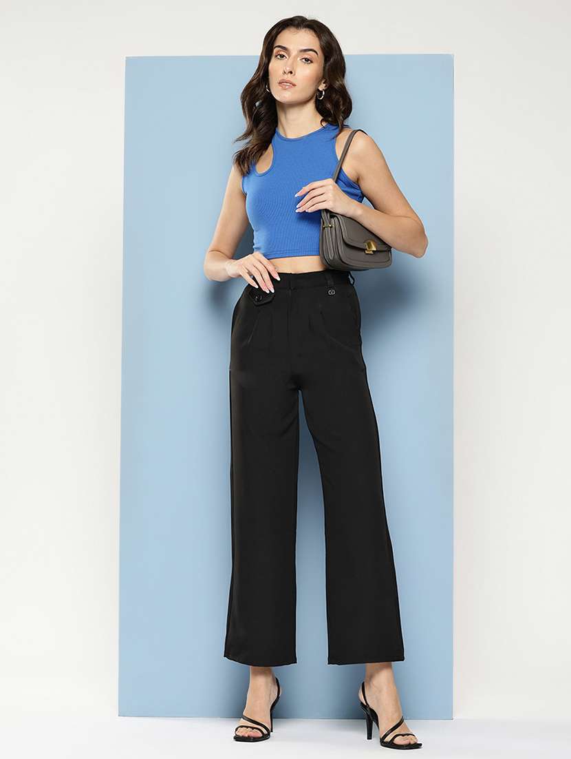 black solid high rise straight trouser - 22012705 -  Standard Image - 3