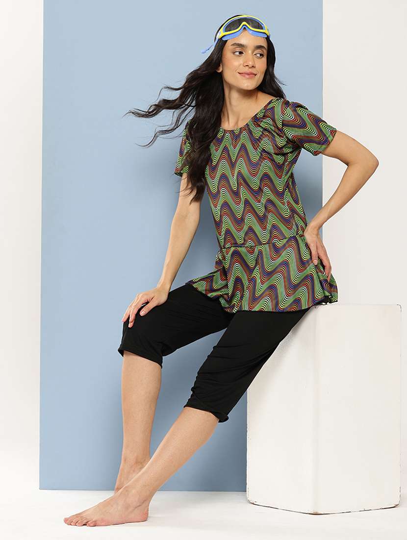 women printed round neck swimsuit with goggles