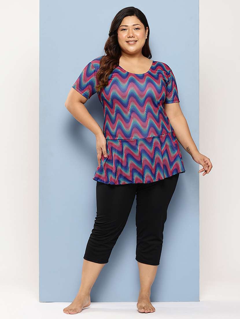 women plus size printed round neck swimsuit with cap