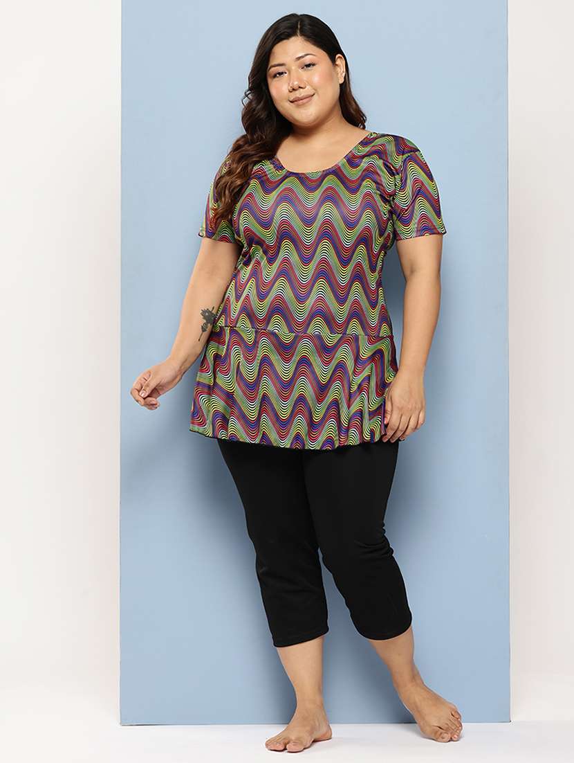 women plus size printed round neck swimsuit with cap