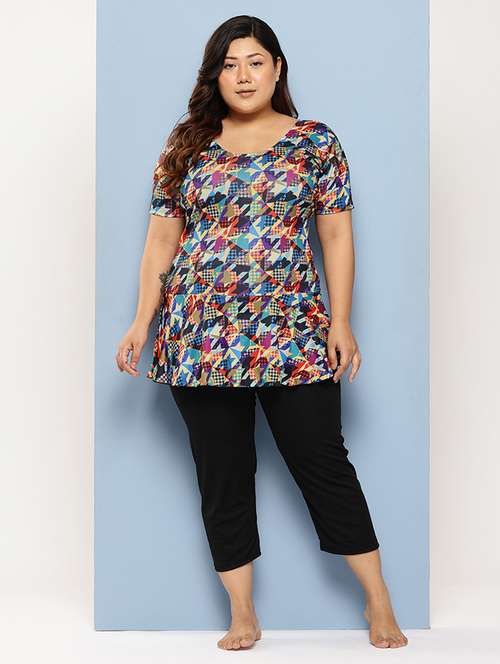 women plus size printed round neck swimsuit with cap - 22012747 -  Standard Image - 0