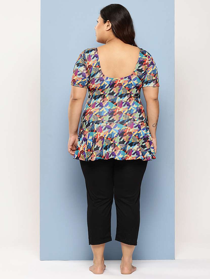 women plus size printed round neck swimsuit with cap - 22012747 -  Standard Image - 3